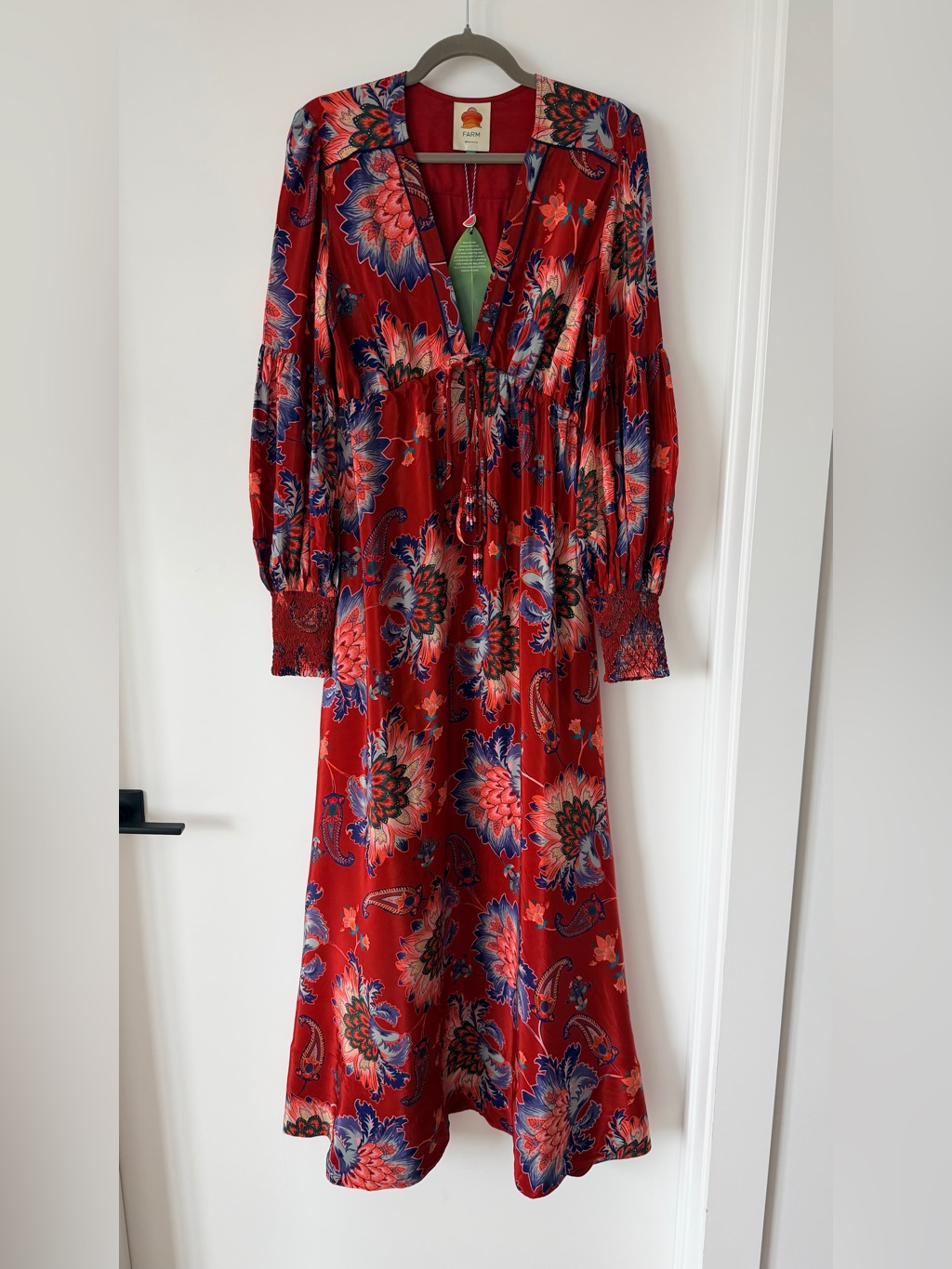 Farm Rio Red Floral V-Neck Long Sleeve Maxi Dress